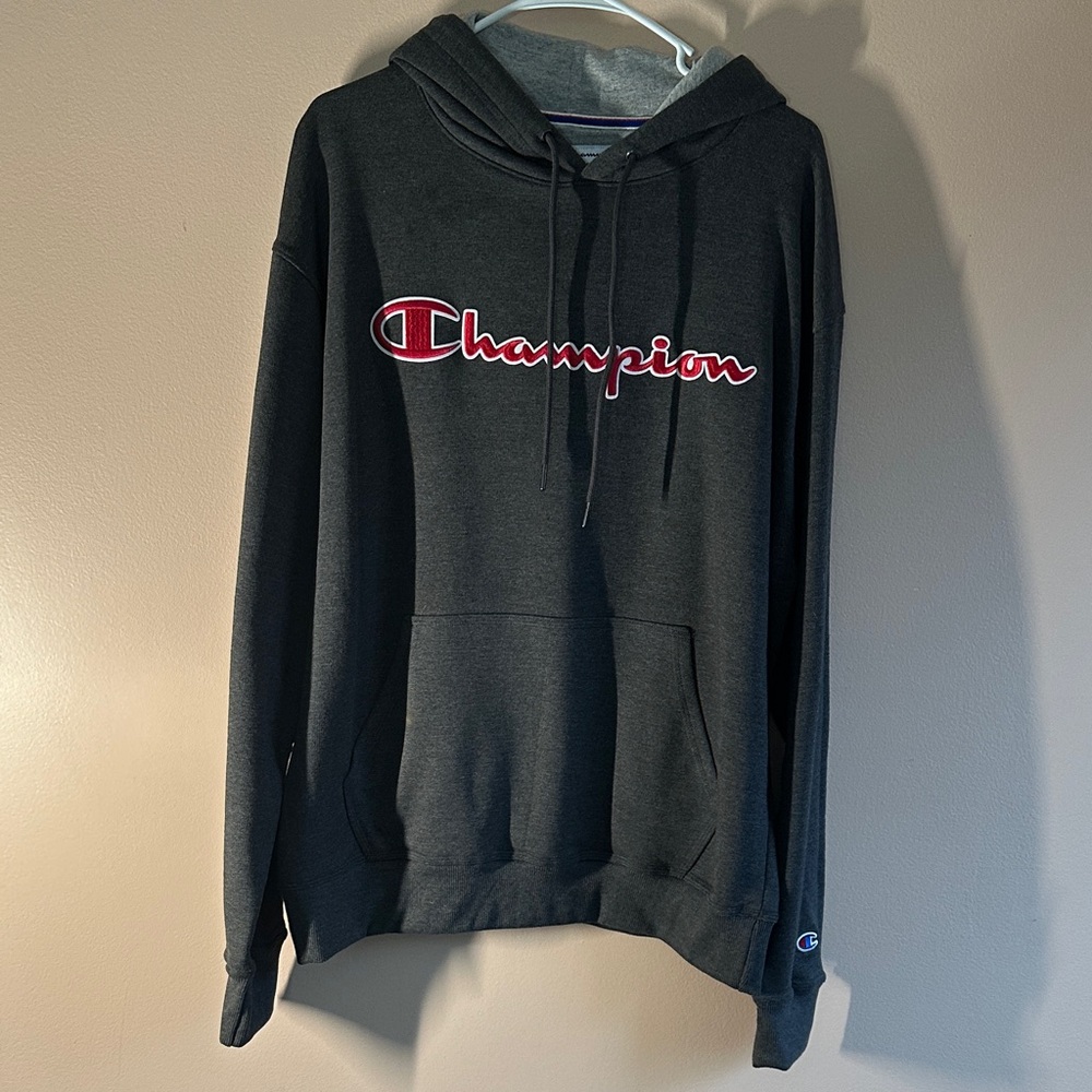 Champion Men's Dark Gray Hoodie with Red Logo